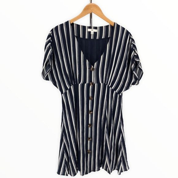 BP Navy White Striped Button Front Gathered Sleeve Mini Dress size Small - Picture 2 of 11